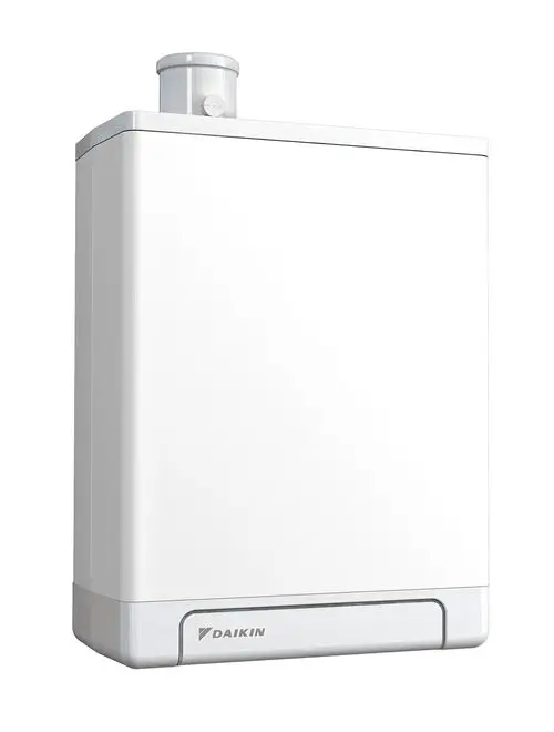 Weißer Heizkessel mit rundem Abluftrohr oben, ausgestattet mit der Daikin-Marke. Der Kessel hat eine glatte Oberfläche und rechteckige Form.